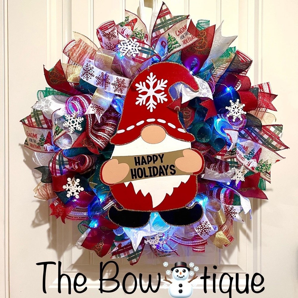 Christmas Snowflake Gnome Holiday Ribbon Door Wreath Handmade 22 ins LED W7